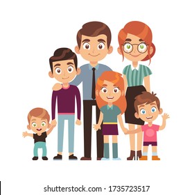 Happy big family together. Father and mother with teenager children and babies holding hands, vector flat vector characters