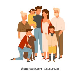 Happy big family together flat illustration. Wife and husband with senior grandparents, kids. Grandparents with grandchildren and dog portrait. Parents, children cartoon characters isolated on white.