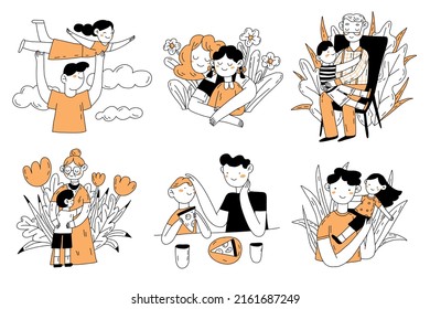 Happy big family together flat vector illustration set. Grandma, grandpa, mom, dad, children. Hand drawn style outline vector design illustrations in minimal style.