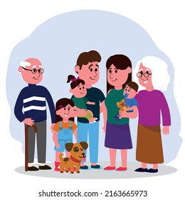 Happy big family together flat vector illustration. Grandma, grandpa, mom, dad, kids and pet. Smiling cartoon characters gathered in group.