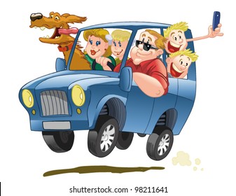 Happy big family, traveling in a blue SUV