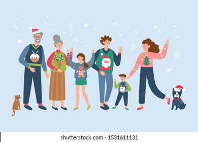 Happy big family in ugly sweaters celebrating Christmas and New Year holidays. Flat vector character design.