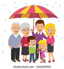 Happy Big Family Under Umbrella, Illustration, Vector