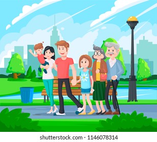 Happy big family walking in the park. Father day, family holiday, daughter and son hold dad hand. Grandfather And Grandmother. Concept of happy family greeting picnic card. Vector illustration