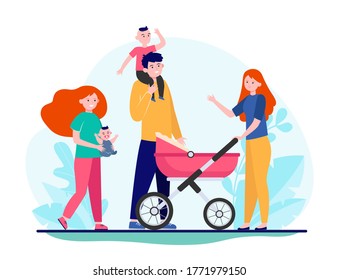 Happy big family walking together. Mother, kid, father flat vector illustration. Parenthood and relationship concept for banner, website design or landing web page