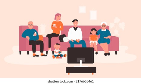 Happy big family watching TV or movie in home living room. Cartoon grandfather and grandmother, mother, father and kids enjoying film together on sofa flat vector illustration. Generation concept