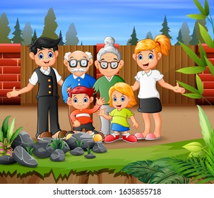 Happy big family waving hand in park background
