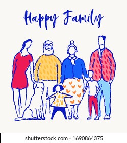 Happy Big Full Family Standing Together. Father, Mother, Sister, Brother, Grand Mother, Grand Father And Dog. Hand Drawn Vector Illustration, Sketch