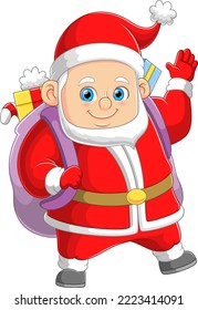 The happy big santa claus is bringing the gift bag for sharing to the house of illustration