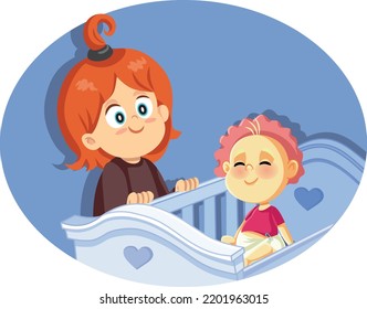 
Happy Big Sister Checking on the Little Baby Brother Vector Cartoon. Cute, adorable siblings bonding trying to communicate
