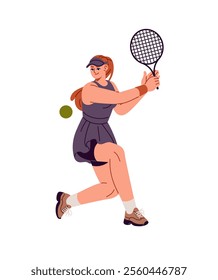 Happy big tennis player in uniform hits ball with racquet in competition, match. Professional sportswoman with racket plays court sports game. Flat isolated vector illustration on white background