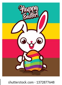 Happy big tooth easter bunny pulling the colourful egg from ground. Colourful background isolated - vector