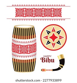 Happy Bihu Assam New Year. Traditional India Harvest Festival Graphic Resource Vector Illustration. Drum (onoinya), fabric print, horn (pepa) and bamboo hat (japi). Magh, Bhogali, Rongali or Kati Bihu