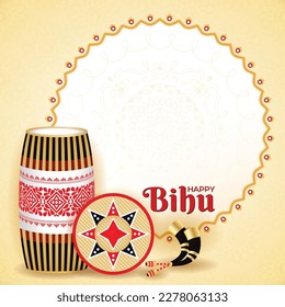 Afiche del Año Nuevo feliz de Bihu Assam. Ilustración del vector de recursos gráficos cuadrado del Festival de la Cosecha de la India tradicional. Tambor (onoinya), cuerno (pepa) y sombrero de bambú (japi). Magh, Bhogali, Rongali o Kati Bihu