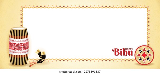 Happy Bihu Assam New Year Horizontal Banner. Space for text. Traditional India Harvest Festival Vector Illustration. Drum (onoinya), horn (pepa), bamboo hat (japi). Magh, Bhogali, Rongali or Kati Bihu