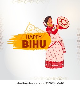 Happy Bihu Celebration Concept With Assamese Young Woman Holding Tambourine (Dafli) In Traditional Attire On Gray Background.