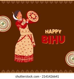 Happy Bihu Celebration Concept With Beautiful Assam Young Woman Playing Tambourine (Dafli) In Traditional Attire On Brown Background.