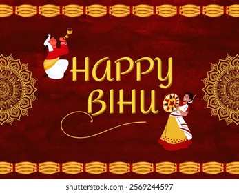 Happy Bihu poster in maroon background and yellow typography, Assam cultural festival illustration, Traditional festival of India. Happy Magh Bihu poster with drum(dhol), Man and woman folk dancing. 