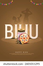 Happy Bihu, the religious Indian Assamese New Year festival. Bihu design elements with Happy Bihu typography. Vector illustration.