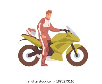 Feliz ciclismo en equipo profesional sentado en una moderna moto deportiva. Hombre sonriente en bicicleta deportiva. Humano y moto. Ilustración vectorial plana del motociclista en motocicleta aislada en fondo blanco