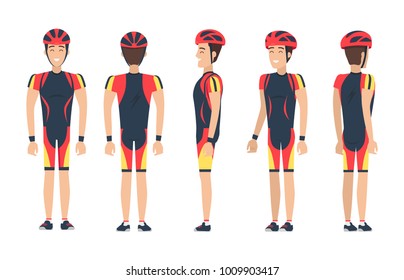 Happy biker in special suit vector illustration with man in bright equipment for riding bike, orange helmet, white and red lines on t-shirt and briefs