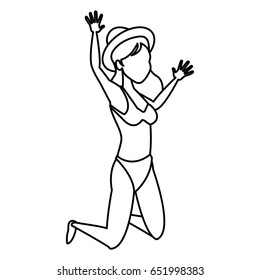 happy bikini woman jumping for joy tropical vacation vector illustration