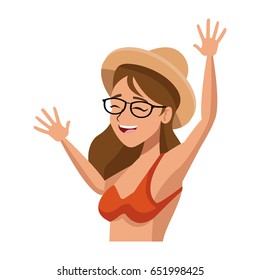 happy bikini woman jumping for joy tropical vacation vector illustration