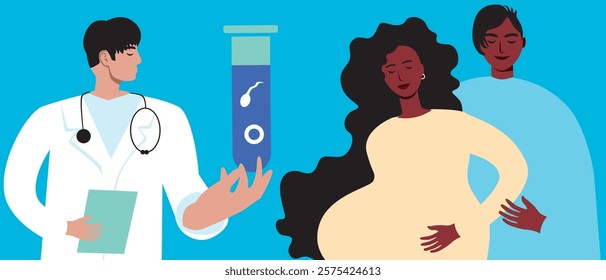 Happy BIPOS couple with pregnant woman with black skin, in vitro fertilization assistance pregnancy, flat vector stock illustration, family consultation with doctor for IVF