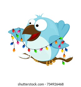 Happy bird with Christmas light isolated on white background, illustration.