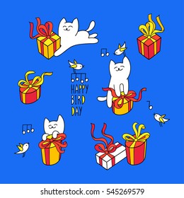 Happy bird day. Birthday greeting card. Funny little cat and birds and present boxes with bows and ribbons on blue background. Set of graphic elements. Cartoon hand drawn style. Vector illustration.