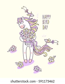 Happy bird day. Birthday greeting card. Little pony holds bouquets of wildflowers tied up with a ribbon and funny birds sit on her mane and tail. Cute character and graphic elements for kids design.