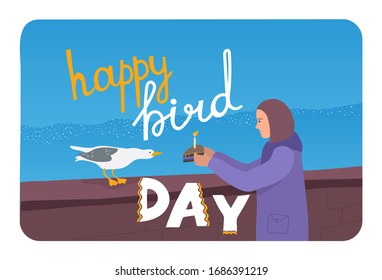 Happy bird day card with seagull and girl. Woman gives bird slice of cake. Marine background with sea and sky. Composition with lettering. Blueberry pie present. April, 1. Vertical poster.