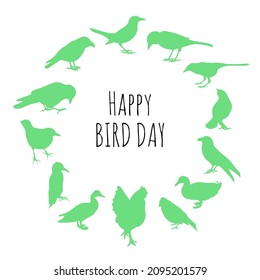 Happy bird day card with text and circle of birds silhouettes on white background