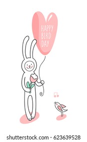 Happy bird day  Cute birthday card and hand drawn animal character for kids design white  Sweet little bunny holds pink heart shape air balloon and sign   small bird sings to him  