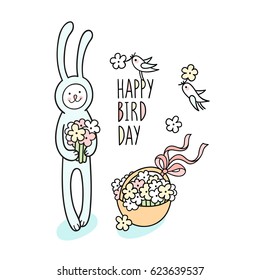 Happy bird day  Cute birthday card and hand drawn animal character for kids design white  Sweet baby bunny and bouquet   basket flowers   small bird bring wildflower to him  