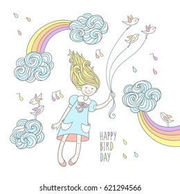 Happy bird day. Pretty little girl fly under a colored shower with small birds in the sky above the curly clouds and rainbows. Set of cute hand drawn elements for birthday card on white background.