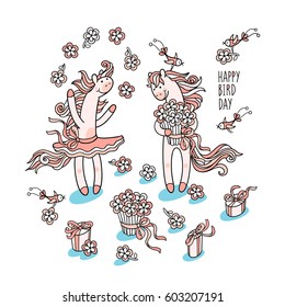 Happy bird day. Set of cute characters and graphic elements for kids birthday design. Happy pink  pony juggles flowers, holds big bouquet and little funny birds bring her more wildflowers and gifts. 