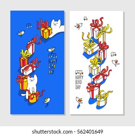 Happy bird day. Set of two hand drawn birthday greeting cards. Funny little cat, cute birds and present boxes with bows and ribbons. Vector design templates perfect for gift cards, posters.