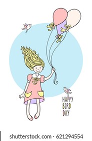 Happy bird day. Sweet little girl flying in the sky by colored balloons and funny small birds are singing for her. Cute character and elements for kids design. Hand drawn birthday card on white.