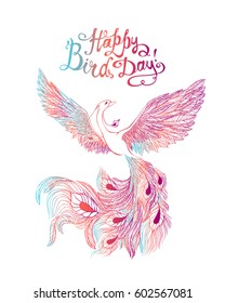 Happy Bird day! Vector congratulation card. Hand written inscription and Magic Bird