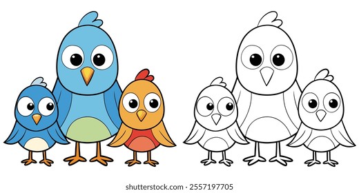 Happy Bird Family Cartoon Coloring Page For Kids. Animal Coloring Book Printable. Bird Cartoon Vector Illustration