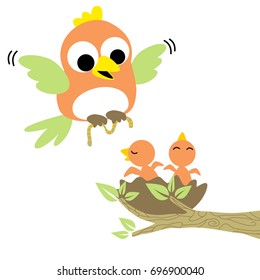 Happy bird family, mother bird carrying worm for it baby on nest, vector cartoon illustration