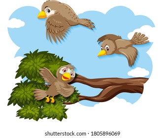 Happy bird flying in nature illustration