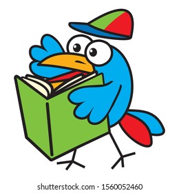 Happy bird with green book, funny vector illustration