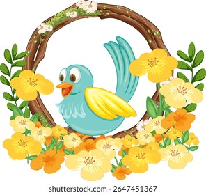 Happy bird illustration encircled by vibrant yellow flowers and greenery