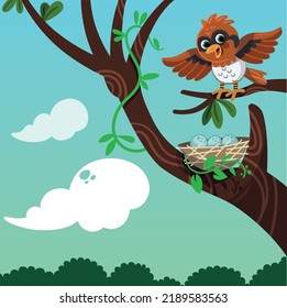 La feliz madre de las aves está esperando que sus bebés salgan del nido en la rama del árbol. Ilustración vectorial.