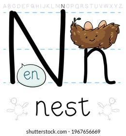 Happy bird nest made with straw and containing 2 eggs, learning the grammar lesson and pronunciation of letter 'N' in English alphabet.