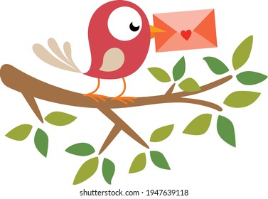 Happy bird on branch tree holding a valentine envelope