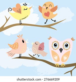 Happy Bird Owl Pastel Heart Summer Sky Vector