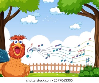 A happy bird sings amidst colorful musical notes